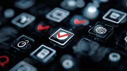 Poster - A close up view of a dark surface with illuminated app icons and red check marks on some of them