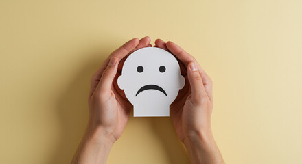 Poster - Sad Face Icon in Hands Showing Sadness Emotion on Yellow Background. Paper sad face held by hands expressing negative emotion and feeling