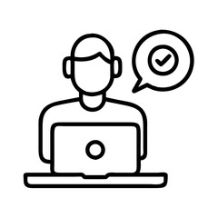 Poster - Freelancer working online with laptop and checkmark in speech bubble vector line icon illustration