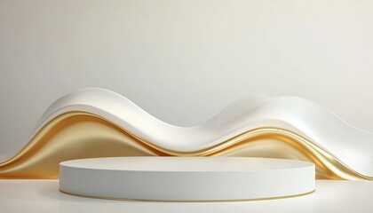 Poster - Luxurious White Product Podium Showcase With Gold Wave Back Design For Effective Sales And Marketing Promotion, A Realistic Display Solution.