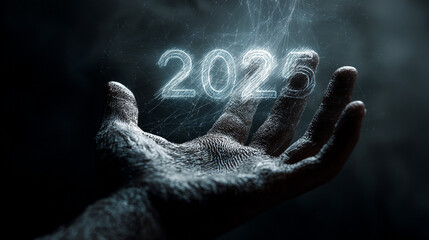 Poster - A hand holding the year two thousand and twenty five in a futuristic glowing digital display effect