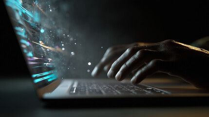 Poster - Hands typing on a laptop with a digital display showing abstract light patterns in a dark setting
