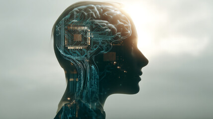 Poster - Silhouette of a head with a brain circuit board and bright light shining on the upper right corner
