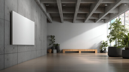 Poster - Minimalist interior with concrete walls, wooden floor, plants, and a blank canvas on the wall