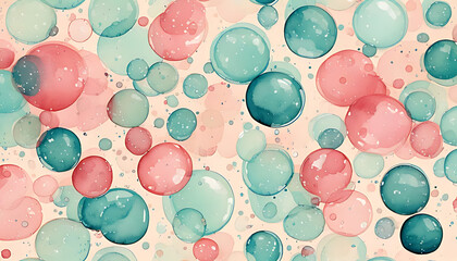 Poster - Floating Bubbles Pattern in Watercolor with Pink and Teal Colors