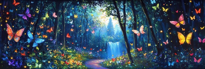Wall Mural - a magical forest with glowing fireflies and colorful butterflies, set against an enchanting night sk