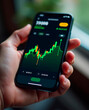 © Svitlana - A hand holds a smartphone showing a trading application with candlestick charts representing stock market movements. Natural light filters through a window, creating a calm atmosphere.