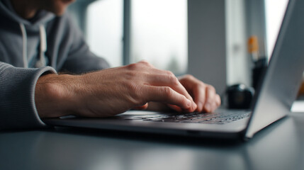 Poster - Close up of hands typing on a laptop keyboard with a blurred background in a bright setting