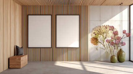 Poster - Interior design featuring two blank frames on a wood slat wall with floral arrangements and bench