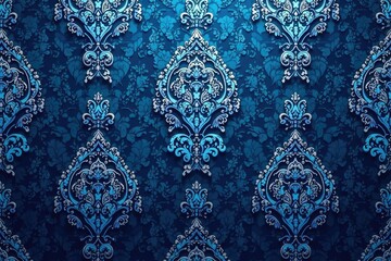 Wall Mural - Symmetrical paisley damask pattern in deep blue and silver , wallpaper, texture, design element