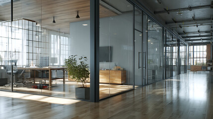Poster - View of a modern office space with glass walls and wooden floors in a well lit interior space