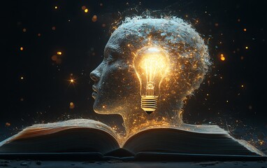 Poster - Open book and glowing light bulb inside a head, representing the fusion of knowledge and ideas, art collage, generative AI, 8K render