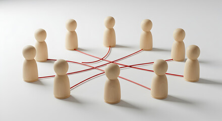 Poster - Network of Wooden Figures Connected by Red Threads on a White Surface Representing Teamwork