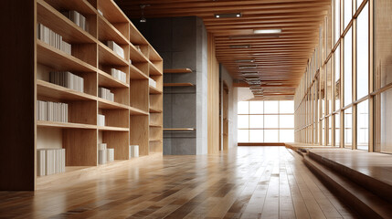 Poster - Interior view of a library with wooden shelves filled with books and a large window at the end