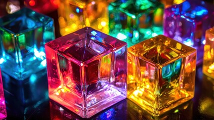 Poster - Close-up of illuminated crystal-like cubes, their vibrant hues radiating through a dimly lit studio space.