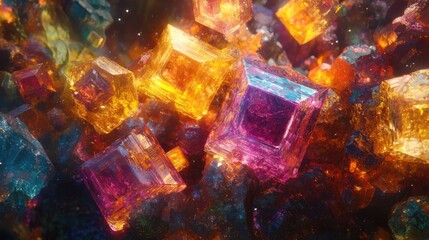 Poster - Close-up of illuminated crystal-like cubes, their vibrant hues radiating through a dimly lit studio space.
