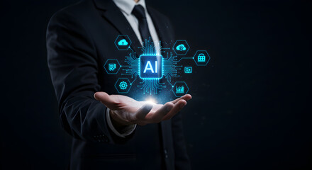 Poster - Holding Digital Artificial Intelligence Core Surrounded by Glowing Tech Icons in Dark Background