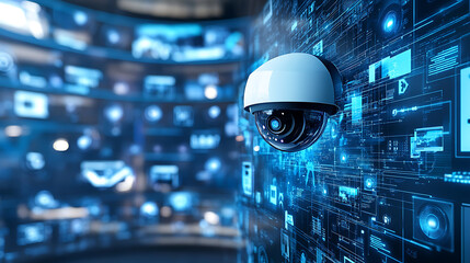 Poster - An AI powered system enhancing security camera monitoring by analyzing real time video feeds and motion detection, futuristic AI-driven security platform, Security technology style