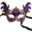 © Elizabeth_Art - a detailed and ornate purple and gold venetian masquerade mask with intricate floral designs and black ribbons is displayed against a white background.