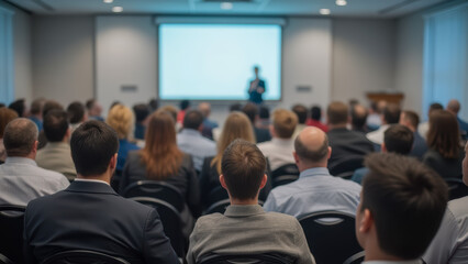 Poster - Business Conference with Audience Focused on Speaker in Modern Meeting Room Setting