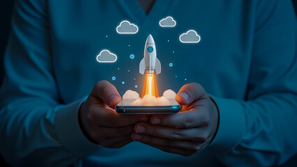Poster - Hands Holding Smartphone with Rocket Launching into Cloudy Sky Symbolizing Innovation and Technology Advancement
