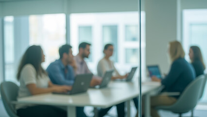 Poster - Group of Professionals Engaged in Collaborative Meeting Inside Modern Office Environment with Laptops
