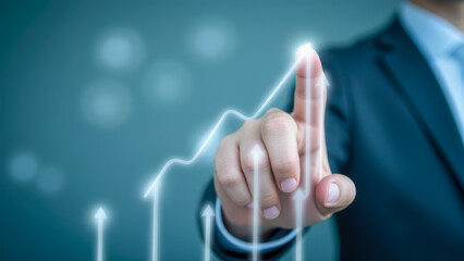 Poster - Businessman Pointing at Digital Graph with Upward Trend on Blue Background in Modern Office Environment