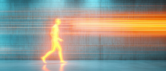 Poster - glowing figure walks through vibrant, abstract space, surrounded by dynamic streaks of light orange and blue, conveying sense of speed and energy