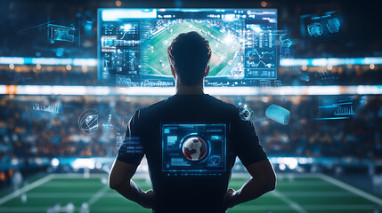 Poster - An AI powered system enhancing sports performance by analyzing real time player data and game statistics, futuristic AI-driven sports analytics platform, Sports technology style