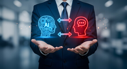 Poster - Businessman in Suit Holding Abstract Digital Ai Heads Exchange with Blurry Background