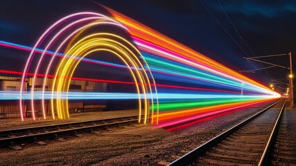 Poster - vibrant night scenery colorful light trails illuminate railway tracks, showcasing motion and energy 