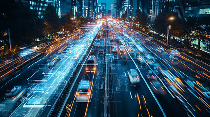 Poster - An AI powered system enhancing traffic flow prediction by analyzing real time vehicle movement and road conditions, futuristic AI-driven traffic management system, Transportation technology style