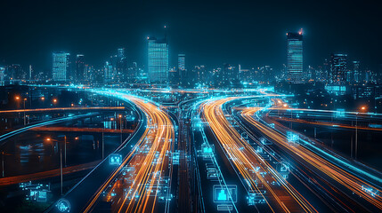Poster - An AI powered system enhancing transportation routing by analyzing real time traffic and logistics data, futuristic AI-driven transportation platform, Logistics technology style