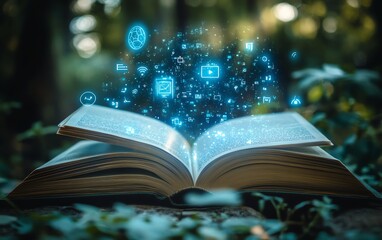 Poster - Open enchanted book with floating smart service icons, internet and communication technology concept, AIgenerated, modern digital design