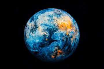 abstract swirling blue and gold planet on black background