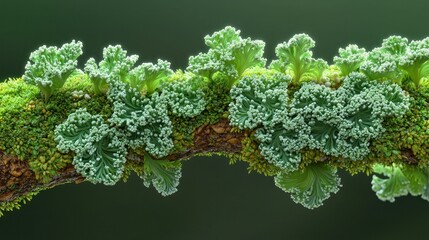 Wall Mural - Mossy branch with vibrant green lettuce-like foliage on a dark background