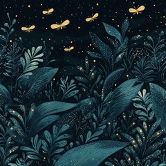 Naklejka na meble Dreamy Seamless Pattern of Tiny Glowing Fireflies in Night Sky