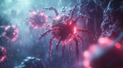 Poster - Microscopic view of futuristic nano robots operating within the human body for advanced medical treatment, illustrating nanotechnology, precision healthcare, and biotechnology innovation.banner