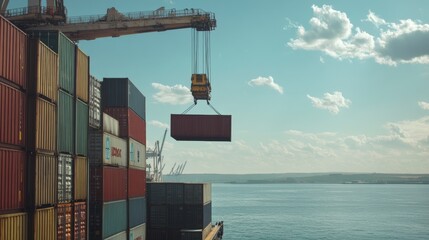 Poster - container loading action at coastal port shipping industry aerial view industrial environment for lo