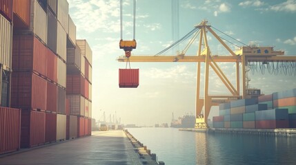 Poster - cargo crane action at shipping port container handling industrial environment aerial view logistics 