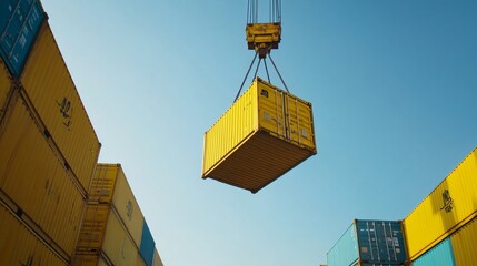Poster - crane lifts cargo container shipping yard industrial photography clear sky aerial view logistics man