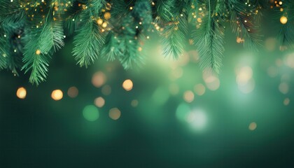 Poster - festive pine branch border with golden fairy lights on green bokeh background ideal for holiday invitation or banner design

