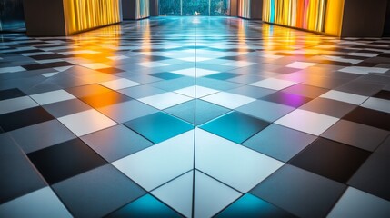 Poster - Vibrant geometric patterns modern interior space digital art contemporary environment low angle view visual design inspiration