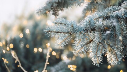 Poster - close-up of frost covered blue spruce branch with glowing fairy lights, perfect for winter holiday design or seasonal decor

