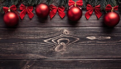 Poster - top view of red christmas ornaments and bows with pine branches on rustic dark wood background for holiday design projects

