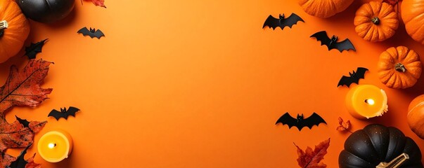 Wall Mural - Halloween themed background with pumpkins, bats, and candles on an orange background with copy space