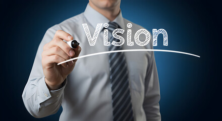 Poster - Man in Gray Shirt Writing Vision on Glass with Black Marker in Blue Background
