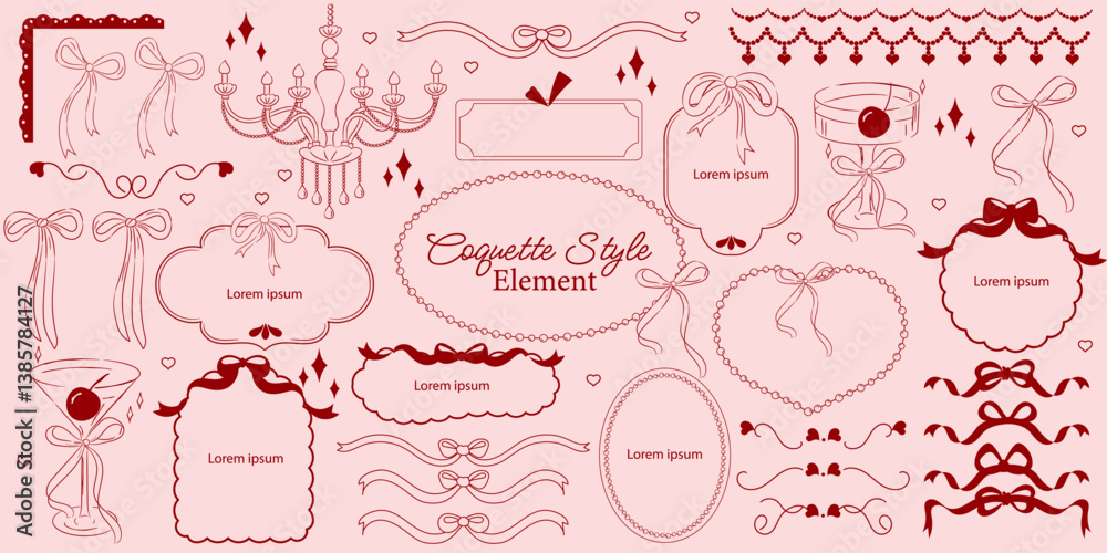 Set of hand drawn pink ribbon frames in vintage style. Trendy coquette ...