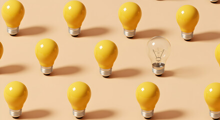 Poster - Illuminated Yellow Light Bulbs Pattern on Beige Background One Clear Bulb Stands Out as Idea