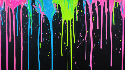 Poster - neon paint drips: vibrant neon pink, blue, and green paint drips and splatters on a black background